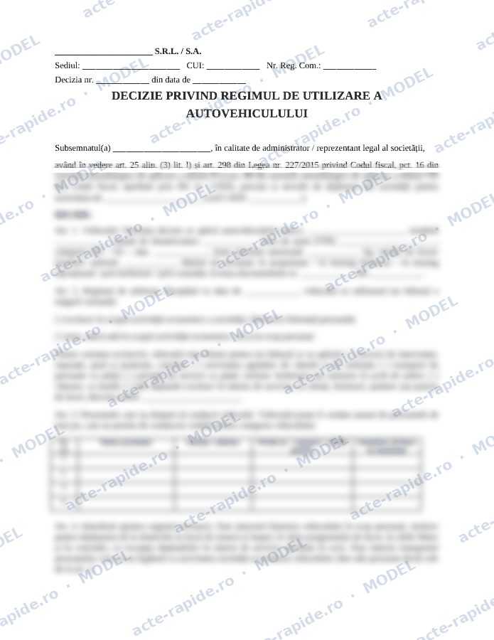 Model decizie privind utilizarea autoturismului: prima pagină a modelului, parțial încețoșată