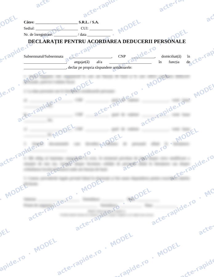 Model declarație pentru acordarea deducerii personale: prima pagină a modelului, parțial încețoșată