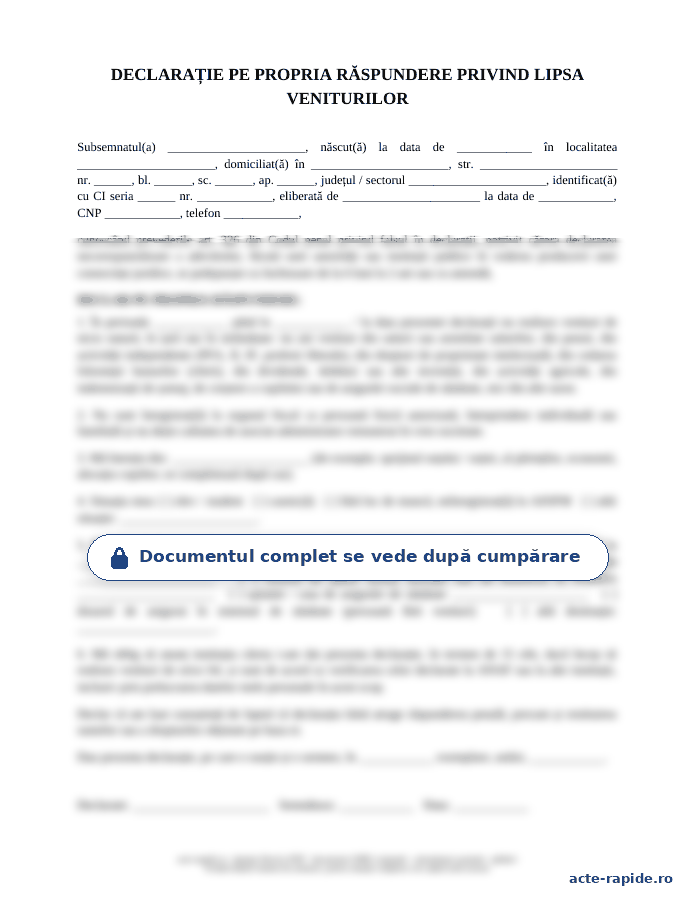 Model declarație pe propria răspundere că nu realizez venituri: prima pagină a modelului, parțial încețoșată