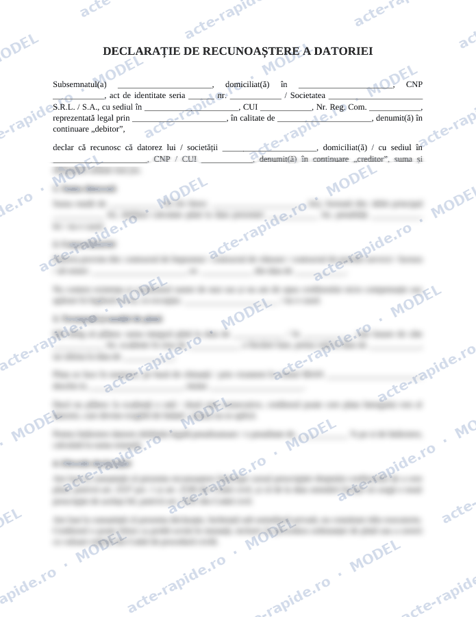 Model declarație de recunoaștere a datoriei: prima pagină a modelului, parțial încețoșată