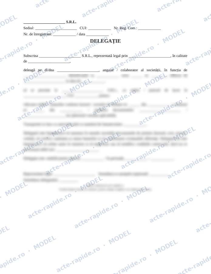 Model delegație de firmă pentru ridicare marfă: prima pagină a modelului, parțial încețoșată