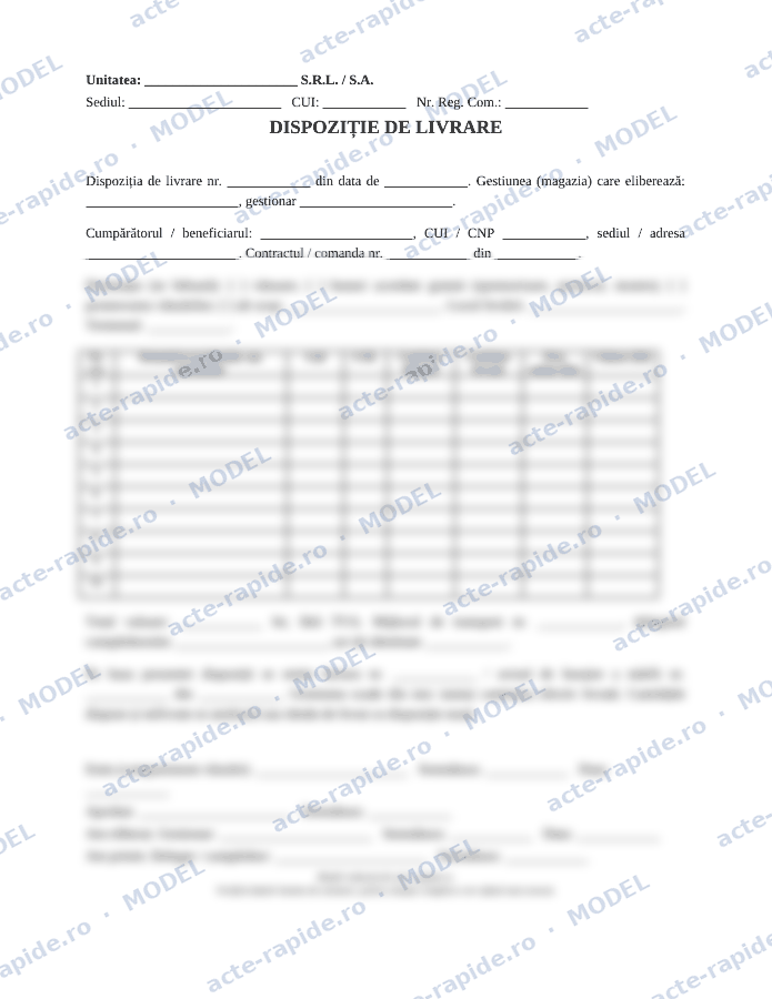 Model dispoziție de livrare: prima pagină a modelului, parțial încețoșată