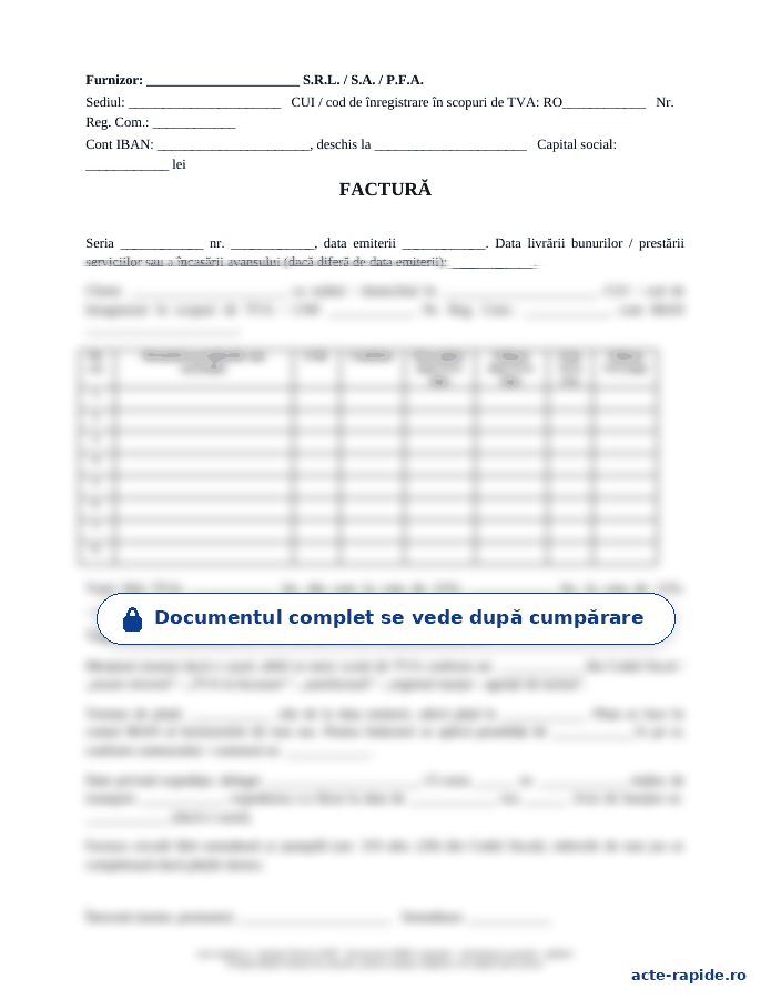 Model factură fiscală: prima pagină a modelului, parțial încețoșată