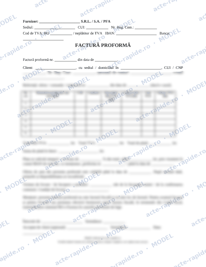 Model factură proformă: prima pagină a modelului, parțial încețoșată