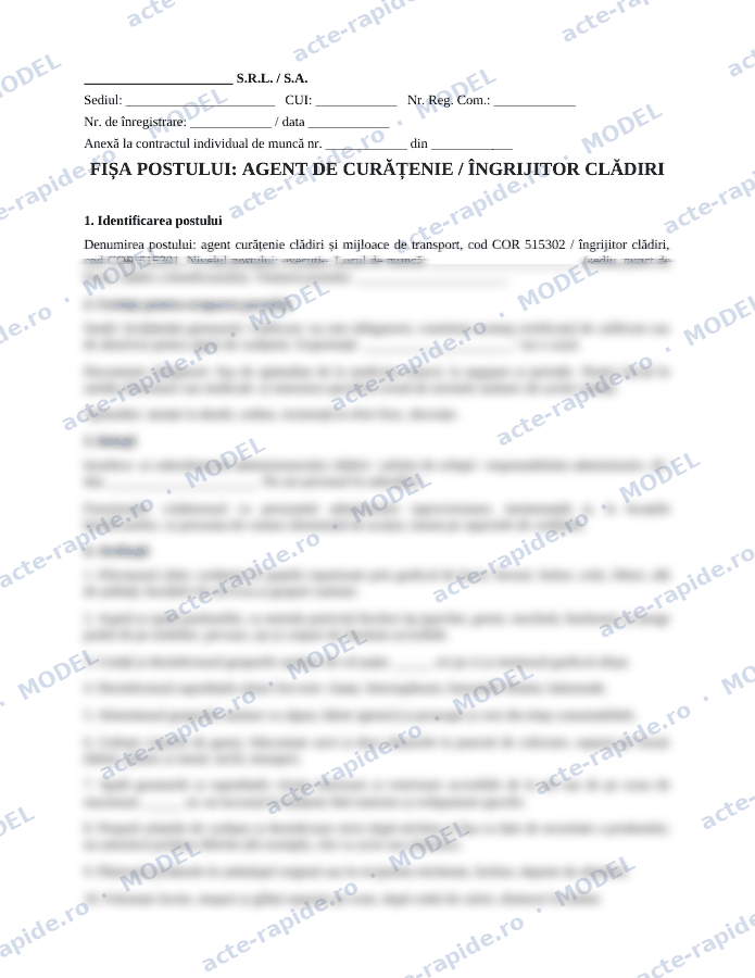 Model fișa postului agent de curățenie: prima pagină a modelului, parțial încețoșată