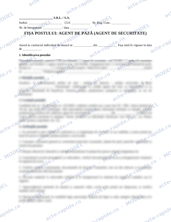 Model fișă de post agent de pază: prima pagină a modelului, parțial încețoșată