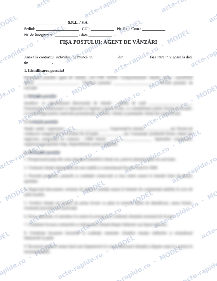 Model fișă de post agent de vânzări: prima pagină a modelului, parțial încețoșată