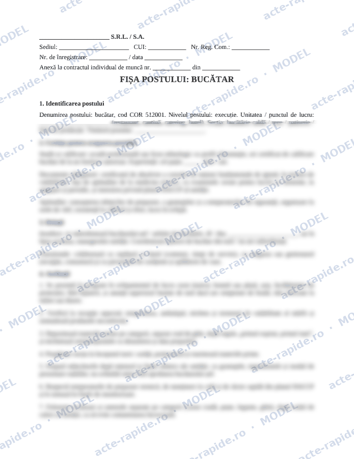Model fișa postului bucătar: prima pagină a modelului, parțial încețoșată