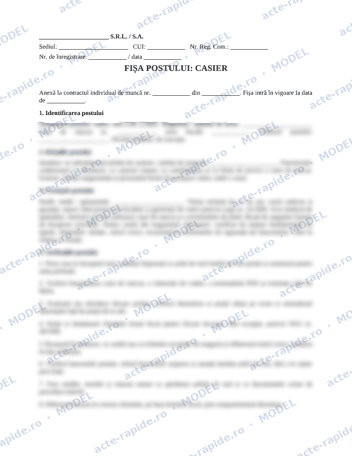 Model fișă de post casier: prima pagină a modelului, parțial încețoșată