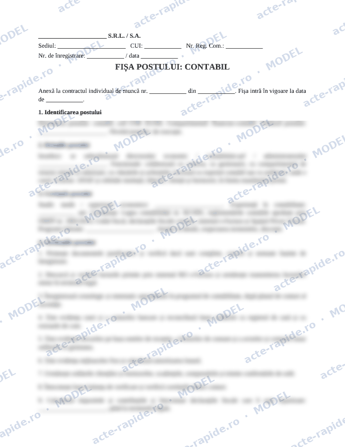 Model fișă de post contabil: prima pagină a modelului, parțial încețoșată