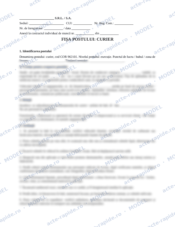Model fișa postului curier: prima pagină a modelului, parțial încețoșată