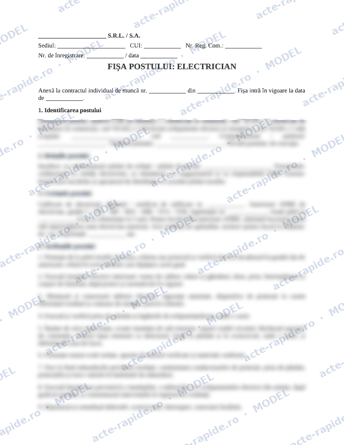 Model fișă de post electrician: prima pagină a modelului, parțial încețoșată