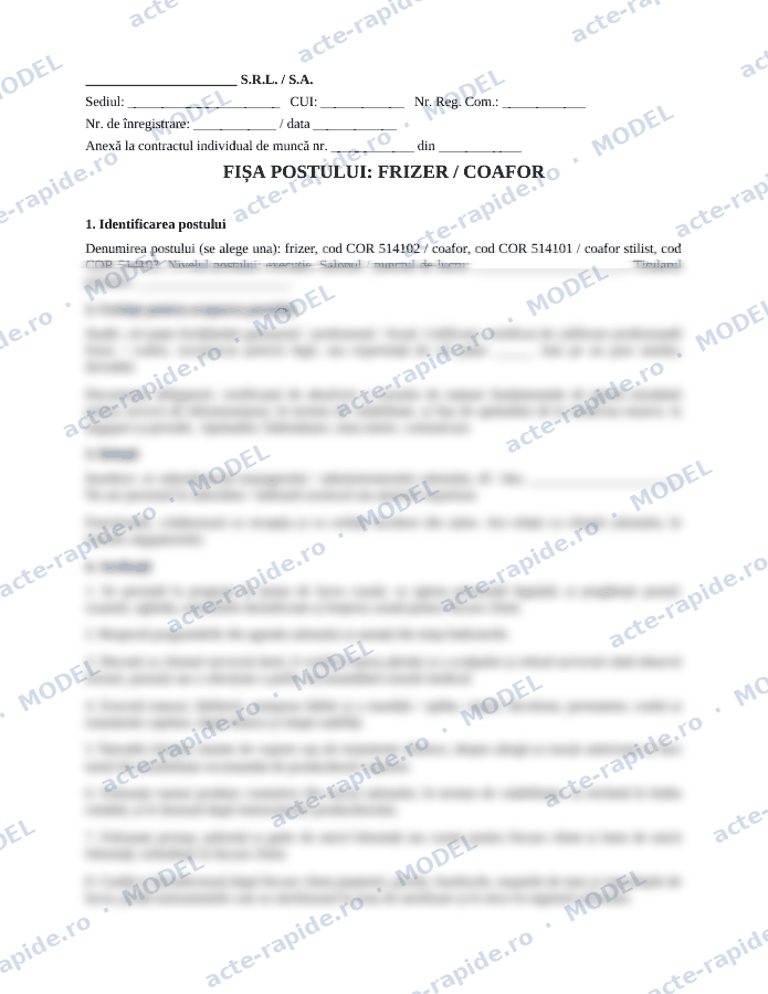 Model fișa postului frizer / coafor: prima pagină a modelului, parțial încețoșată