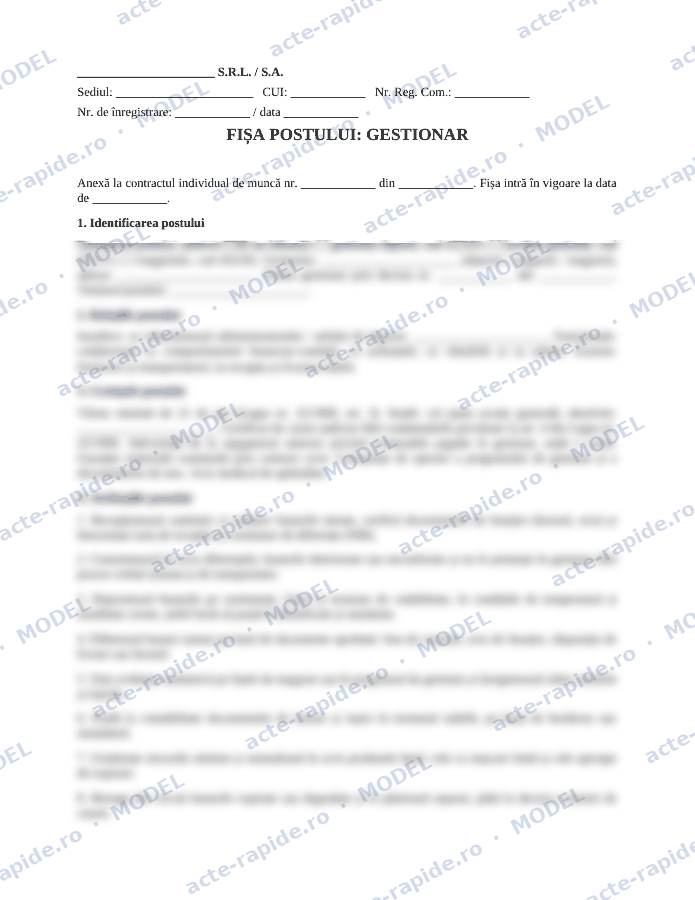 Model fișă de post gestionar: prima pagină a modelului, parțial încețoșată