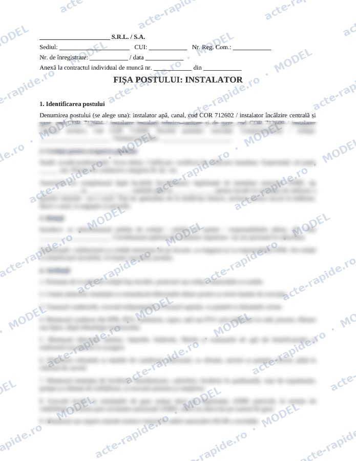 Model fișa postului instalator: prima pagină a modelului, parțial încețoșată