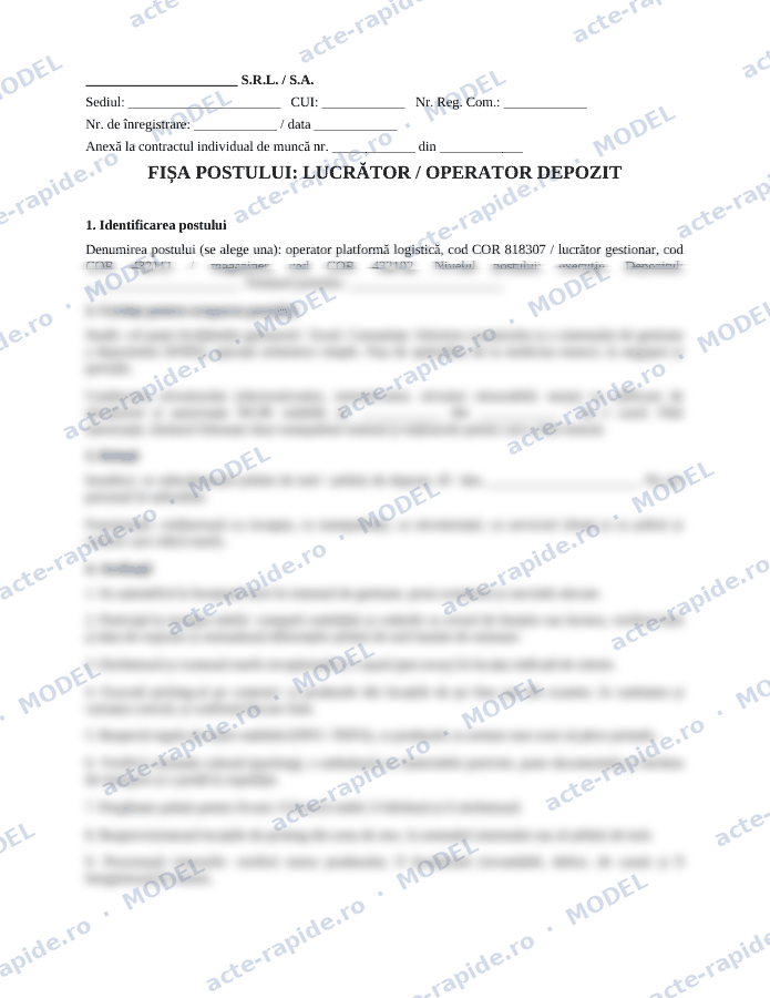 Model fișa postului lucrător / operator depozit: prima pagină a modelului, parțial încețoșată