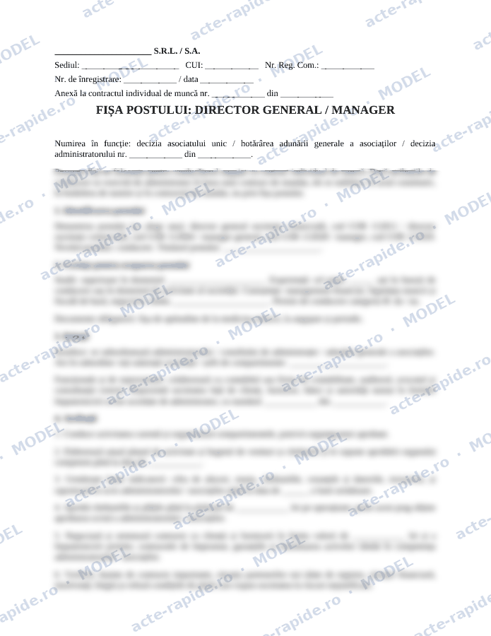 Model fișa postului director general / manager: prima pagină a modelului, parțial încețoșată