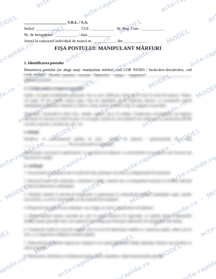 Model fișa postului manipulant mărfuri: prima pagină a modelului, parțial încețoșată