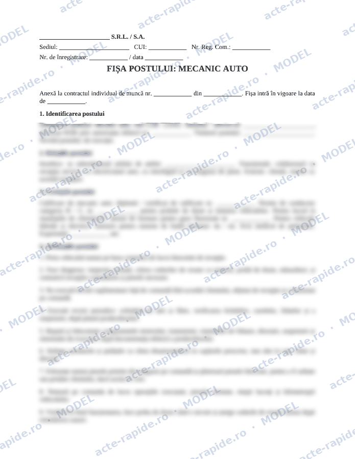 Model fișă de post mecanic auto: prima pagină a modelului, parțial încețoșată