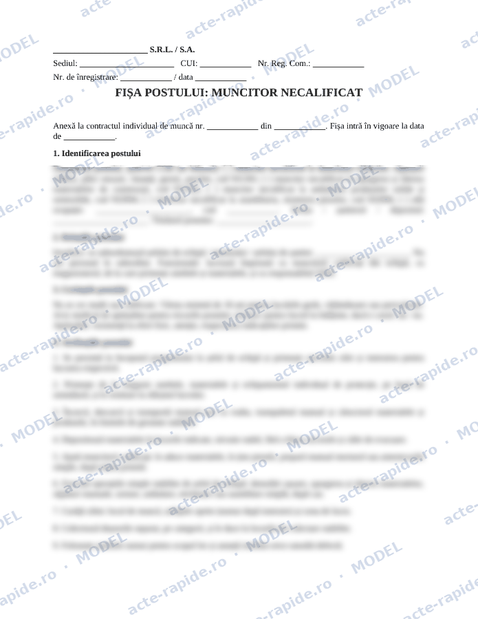 Model fișă de post muncitor necalificat: prima pagină a modelului, parțial încețoșată