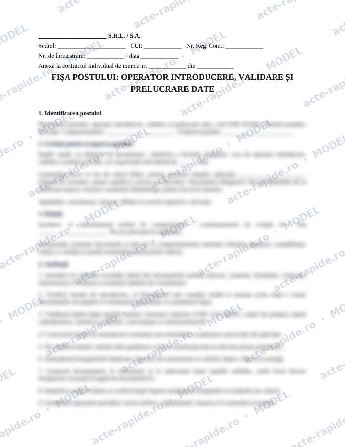 Model fișa postului operator introducere date: prima pagină a modelului, parțial încețoșată