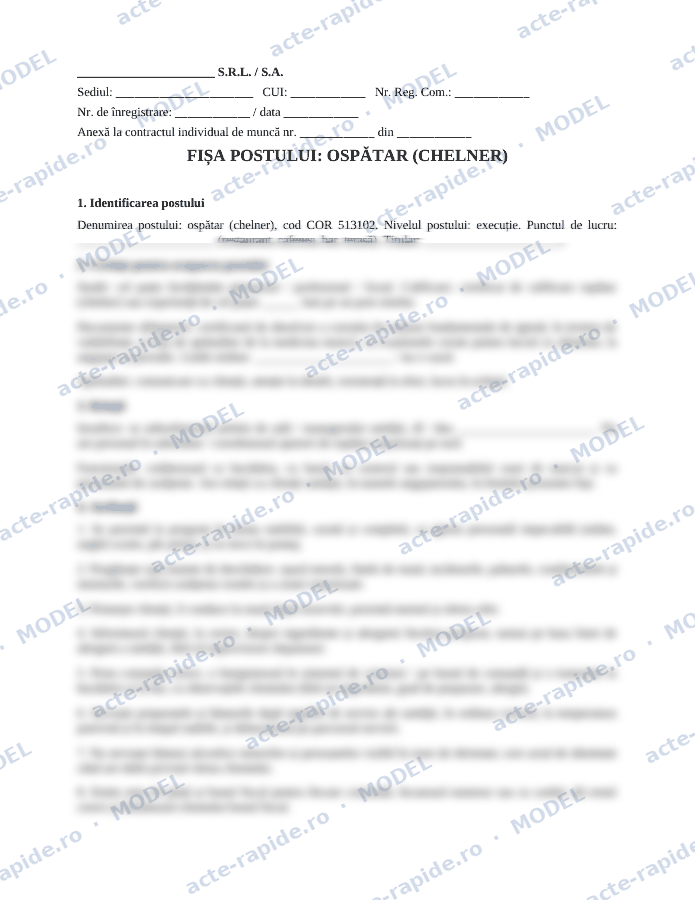 Model fișa postului ospătar: prima pagină a modelului, parțial încețoșată