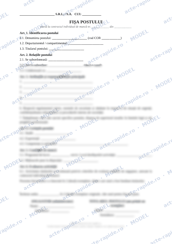 Model fișă de post: prima pagină a modelului, parțial încețoșată
