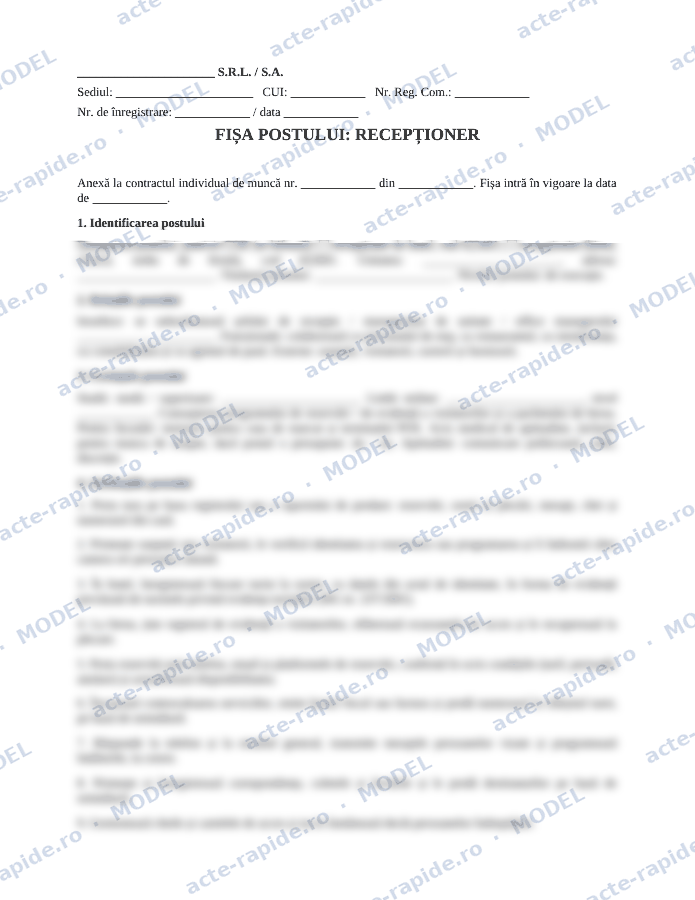 Model fișă de post recepționer: prima pagină a modelului, parțial încețoșată