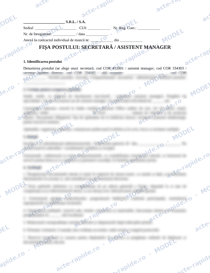 Model fișa postului secretară / asistent manager: prima pagină a modelului, parțial încețoșată