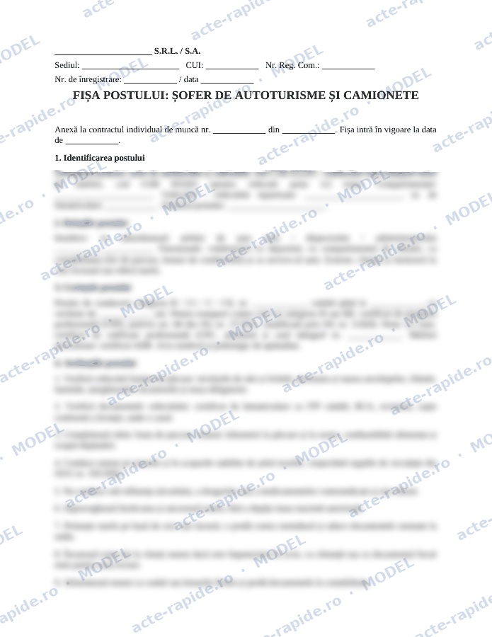 Model fișă de post șofer: prima pagină a modelului, parțial încețoșată