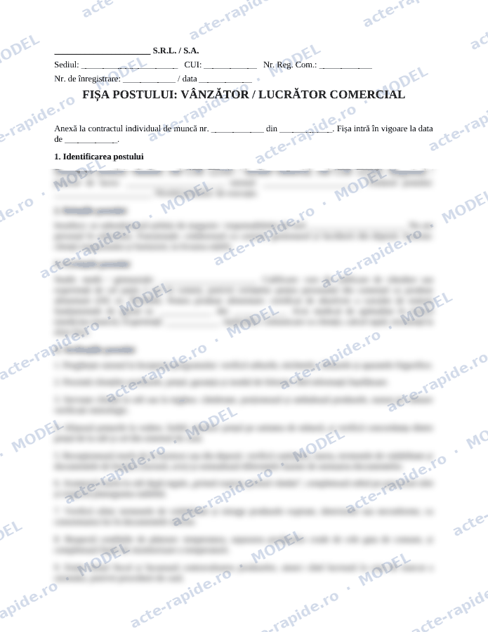 Model fișă de post vânzător: prima pagină a modelului, parțial încețoșată