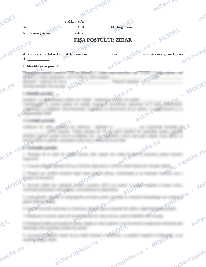 Model fișă de post zidar: prima pagină a modelului, parțial încețoșată