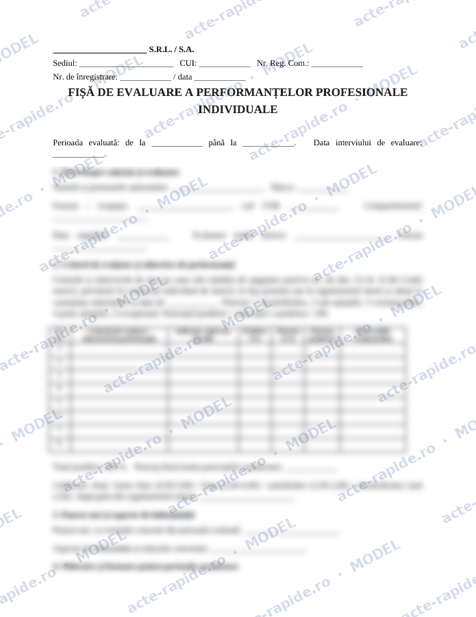 Model fișă de evaluare a performanțelor profesionale: prima pagină a modelului, parțial încețoșată