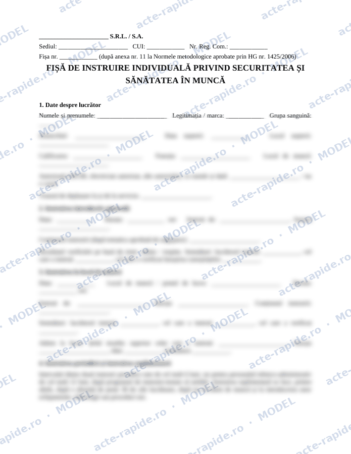 Model fișă individuală de instruire SSM: prima pagină a modelului, parțial încețoșată