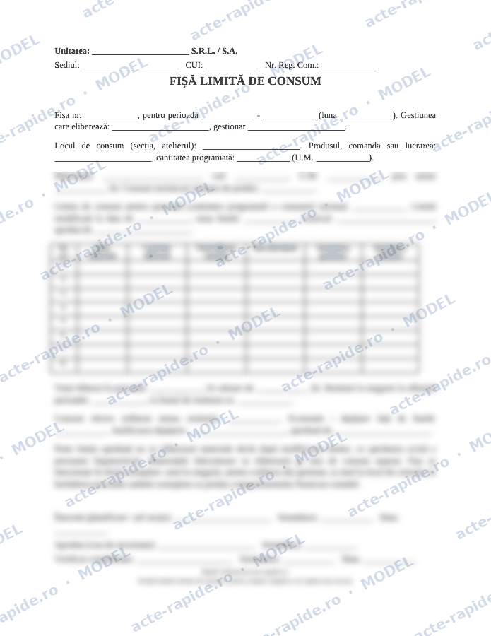 Model fișă limită de consum: prima pagină a modelului, parțial încețoșată