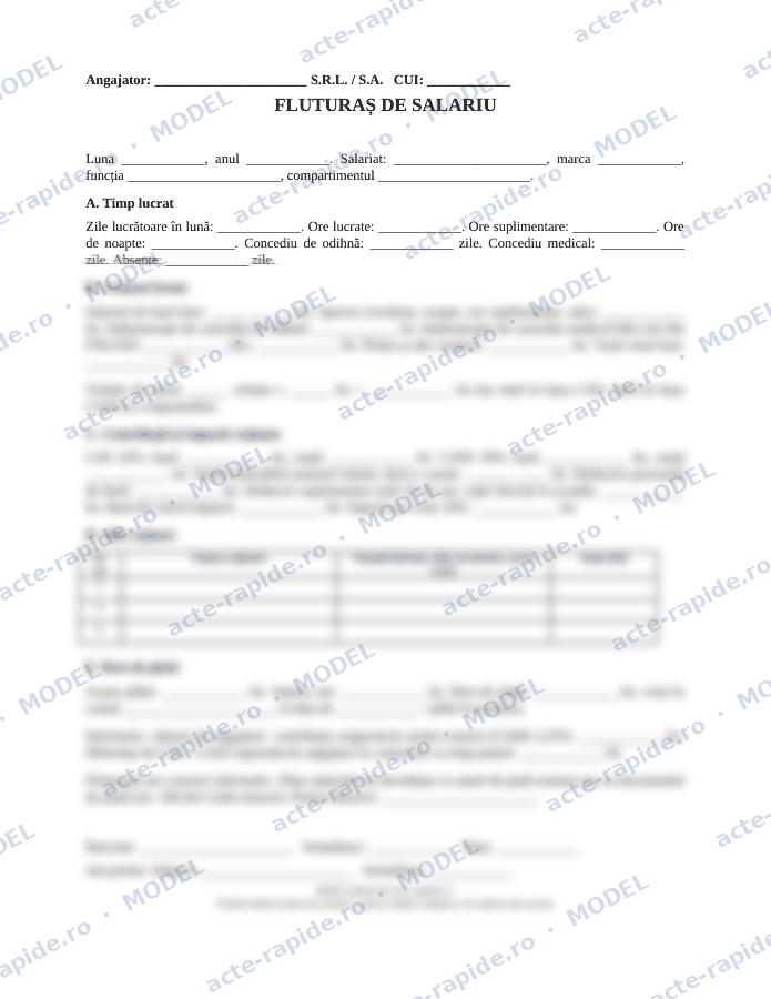 Model fluturaș de salariu: prima pagină a modelului, parțial încețoșată