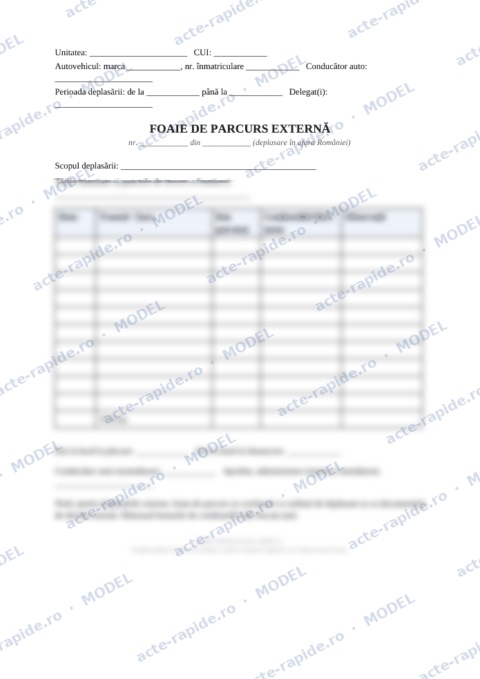 Model foaie de parcurs externă: prima pagină a modelului, parțial încețoșată