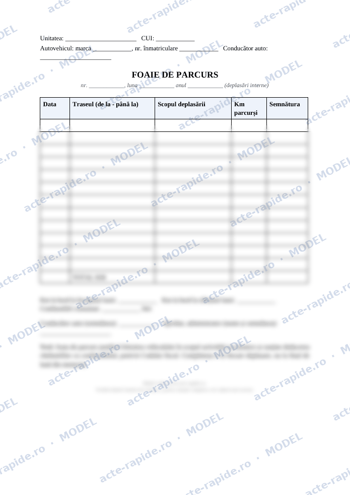 Model foaie de parcurs pentru deplasări interne: prima pagină a modelului, parțial încețoșată