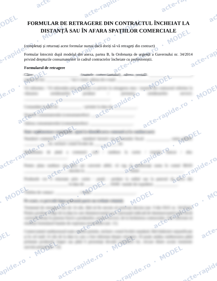 Model formular de retragere din contractul la distanță: prima pagină a modelului, parțial încețoșată