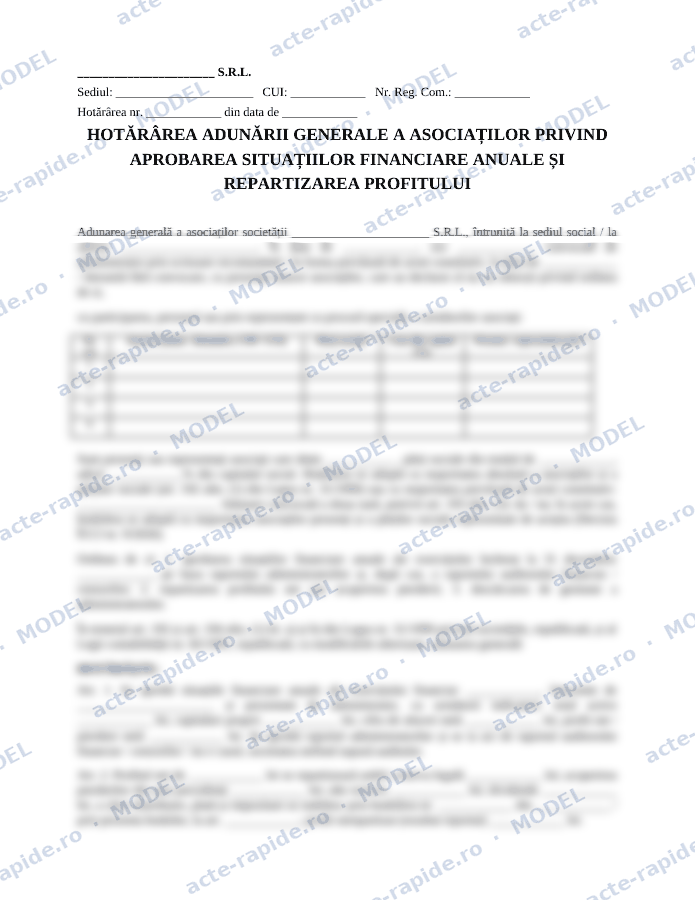 Model hotărâre AGA de aprobare a situațiilor financiare anuale: prima pagină a modelului, parțial încețoșată