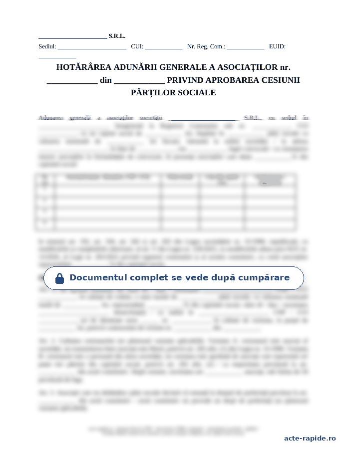 Model hotărâre AGA de cesiune a părților sociale: prima pagină a modelului, parțial încețoșată