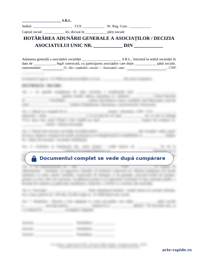 Model hotărâre AGA pentru cumpărarea unui bun pe firmă: prima pagină a modelului, parțial încețoșată