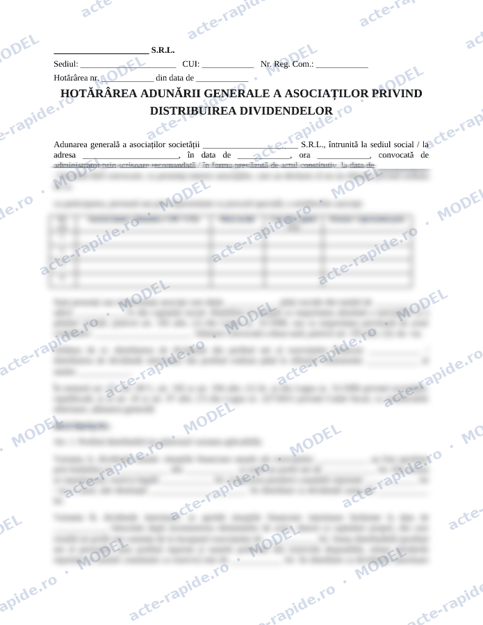 Model hotărâre AGA de distribuire a dividendelor: prima pagină a modelului, parțial încețoșată