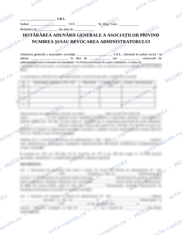 Model hotărâre AGA de numire și revocare a administratorului: prima pagină a modelului, parțial încețoșată