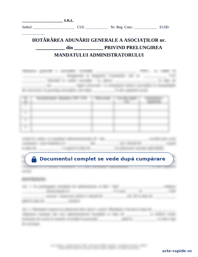 Model hotărâre AGA de prelungire a mandatului administratorului: prima pagină a modelului, parțial încețoșată