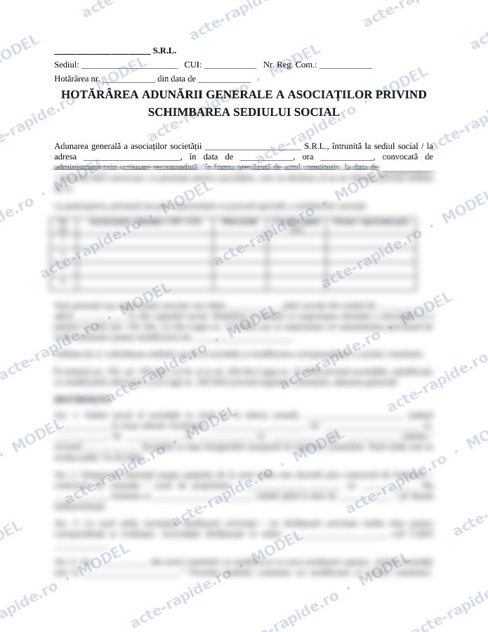 Model hotărâre AGA de schimbare a sediului social: prima pagină a modelului, parțial încețoșată