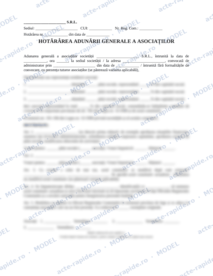 Model hotărâre AGA pentru SRL: prima pagină a modelului, parțial încețoșată