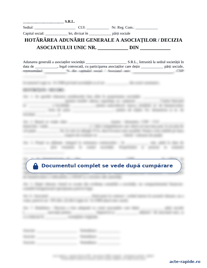 Model hotărâre AGA pentru vânzarea unui bun al firmei: prima pagină a modelului, parțial încețoșată