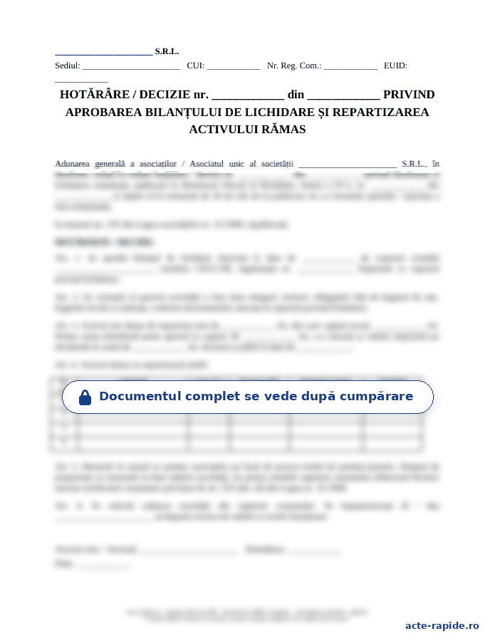 Model hotărâre de aprobare a bilanțului de lichidare și repartizare a activului: prima pagină a modelului, parțial încețoșată