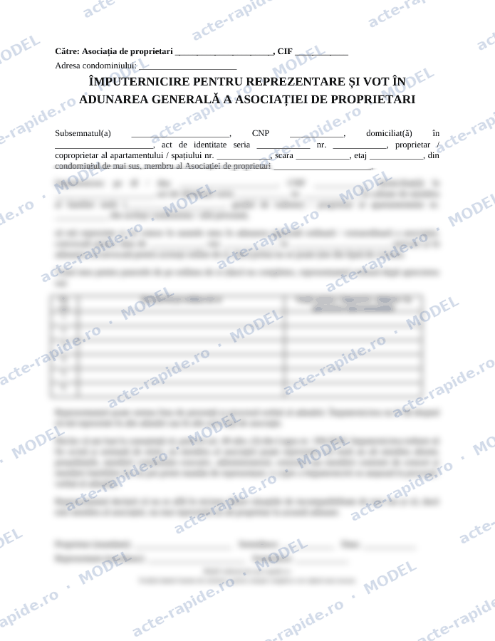 Model împuternicire pentru adunarea generală a asociației de proprietari: prima pagină a modelului, parțial încețoșată